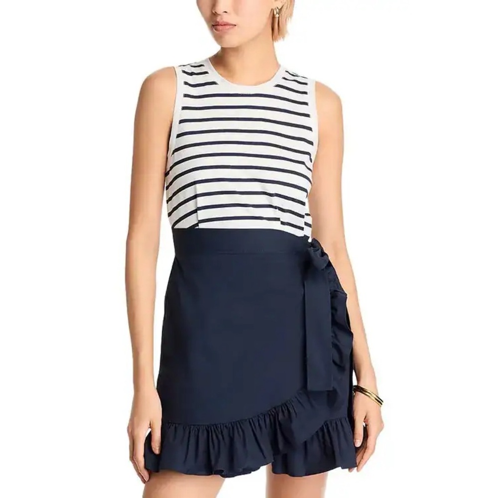 Cinq à Sept Stripe Mahlia Dress Navy Wrap Ruffle Mini L Cotton Nautical Preppy